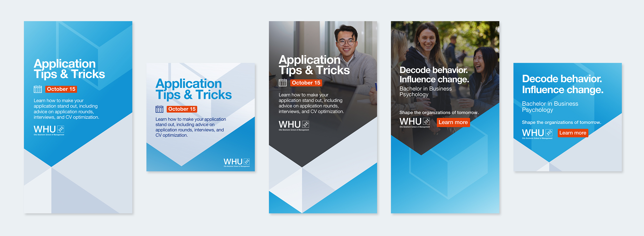 WHU application tips and bachelor program templates featuring student photography, key dates, and geometric brand design elements.