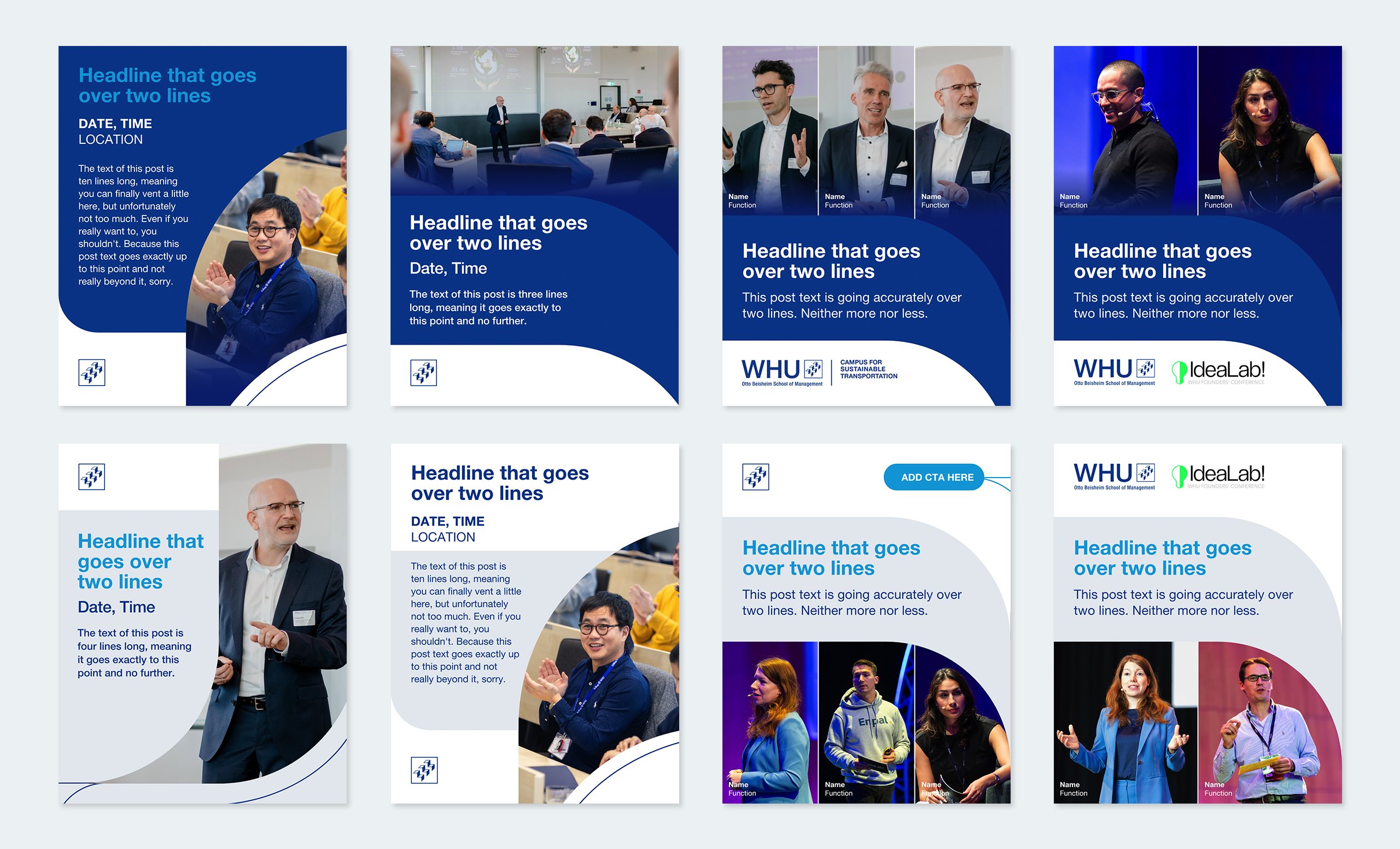 WHU event and speaker social media templates featuring faculty, student engagement, and keynote sessions with WHU branding and curved design elements.