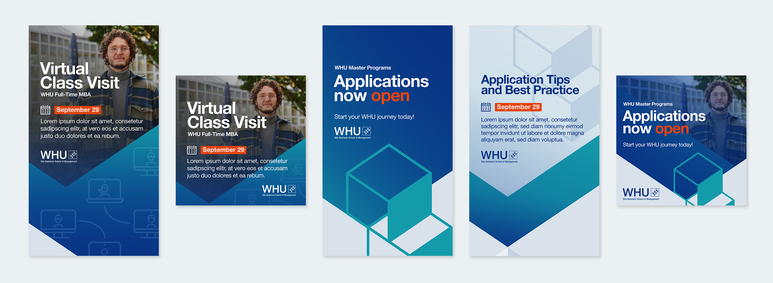 Collection of WHU Master Programs visuals including Virtual Class Visit promotions, application announcements, and application tips, designed with blue geometric branding and campus photography.