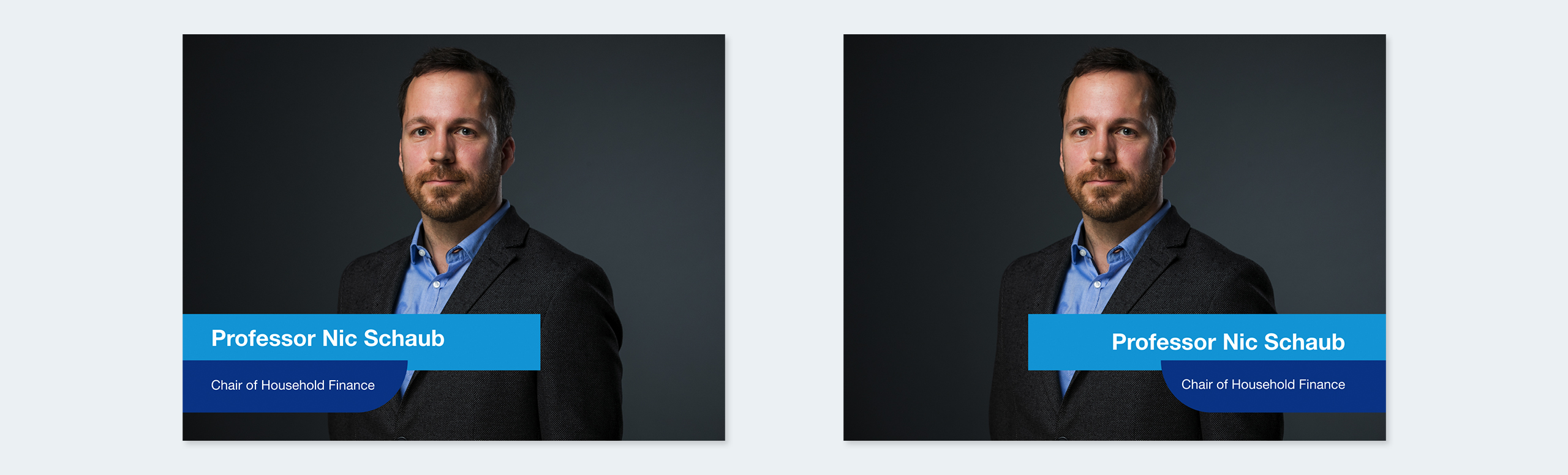 Two WHU speaker title slide designs featuring a portrait with name and position displayed in blue title bars.