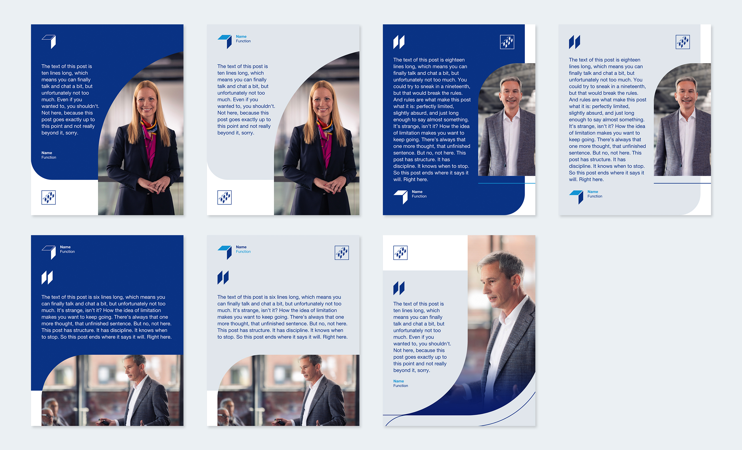 WHU portrait and quote templates showing faculty members in professional settings, combined with branded layouts for communication and leadership messaging.