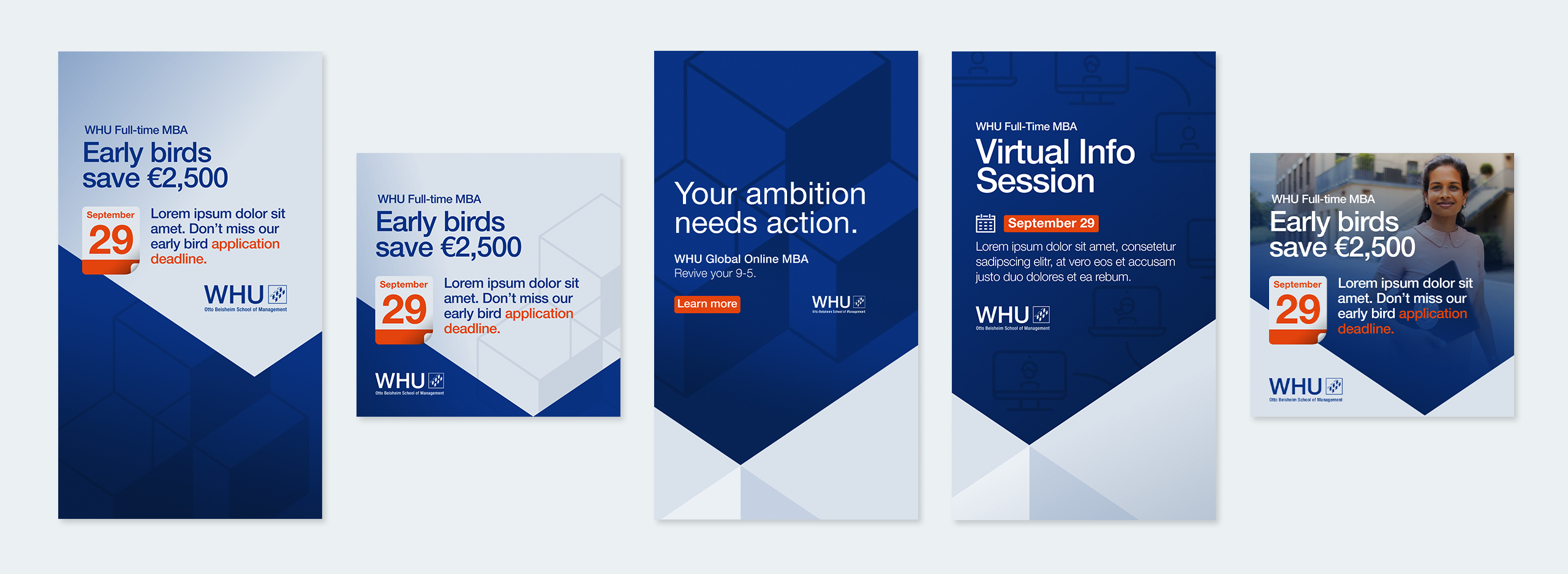 Set of WHU Full-Time MBA promotional graphics featuring early-bird savings, virtual info sessions, and motivational messaging, using dark-blue geometric layouts and student imagery.