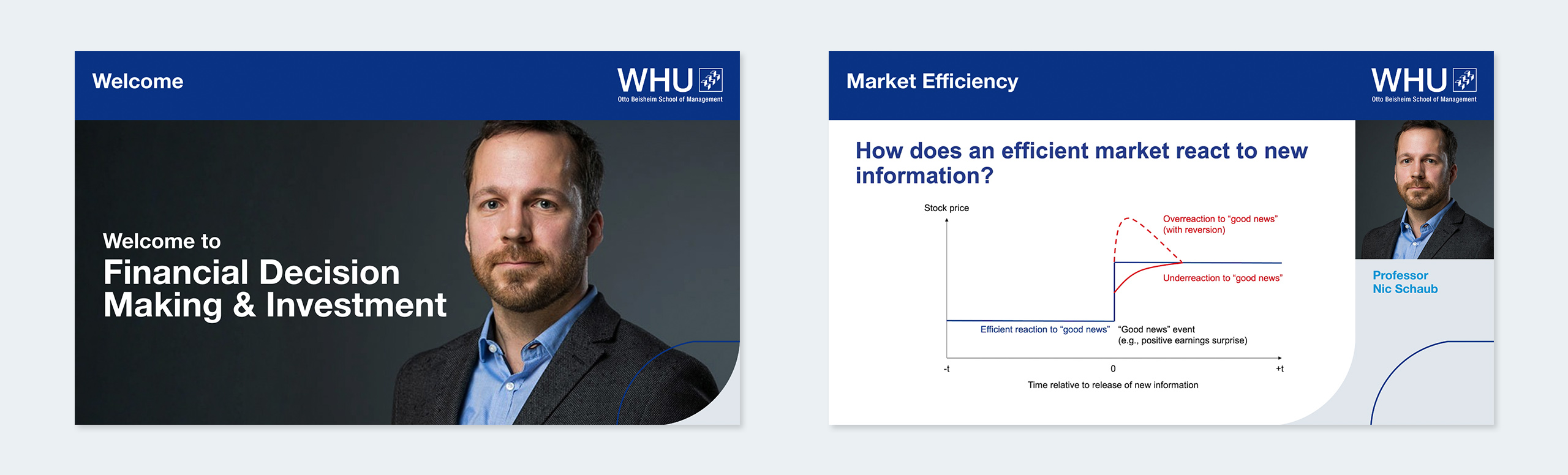Two WHU lecture slides: one with a welcome title and speaker portrait, and another showing a market efficiency chart with explanatory text.