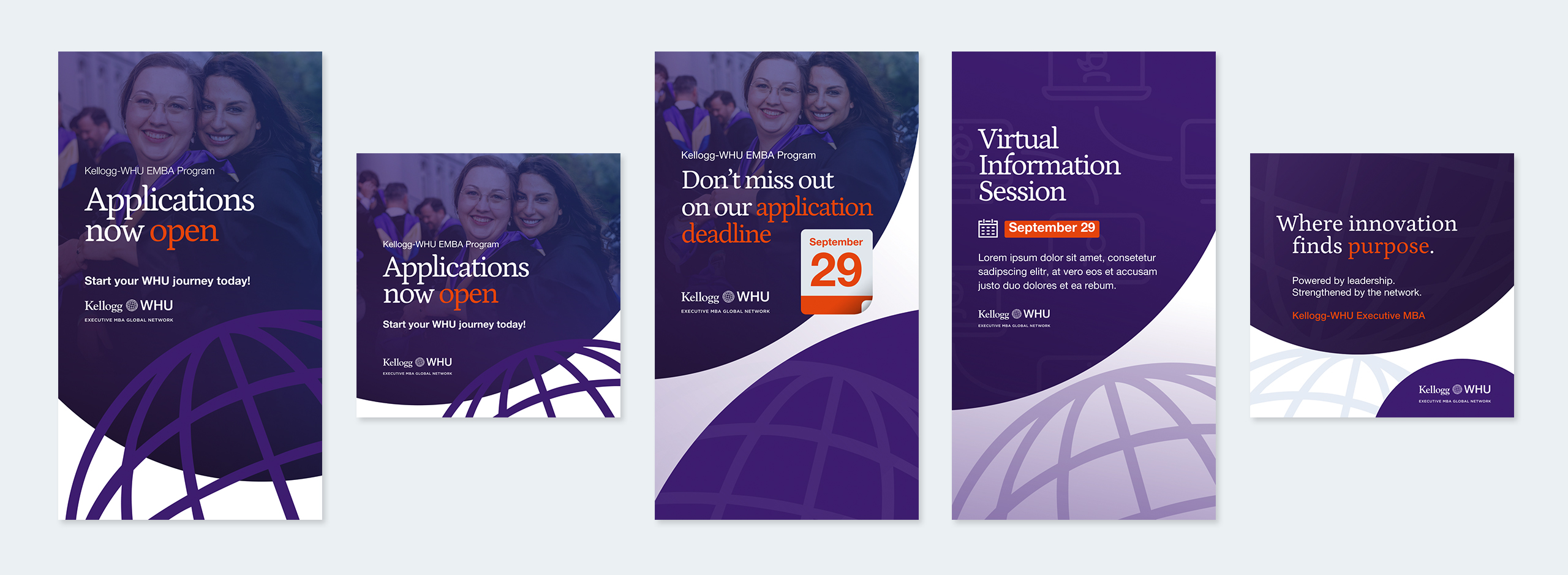 Series of Kellogg-WHU EMBA social media visuals highlighting applications open, deadline reminders, virtual information sessions, and program value, presented in purple global-themed branding.
