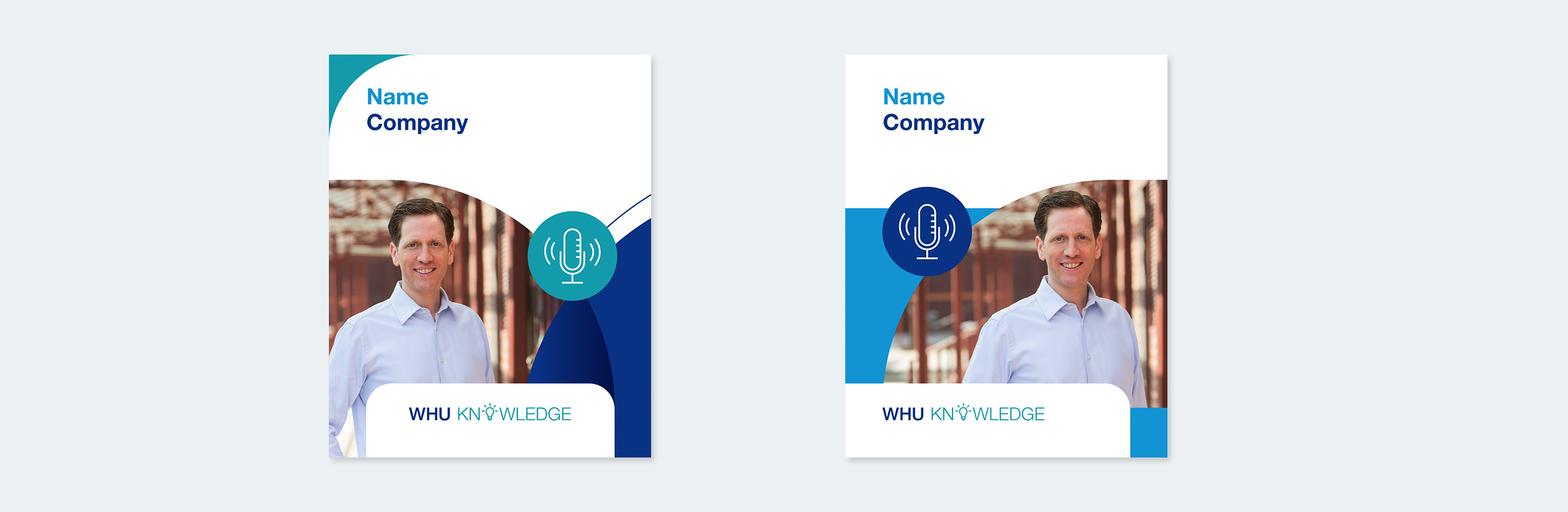 Two WHU Knowledge podcast templates featuring a speaker portrait and microphone icon in blue and turquoise design variations.