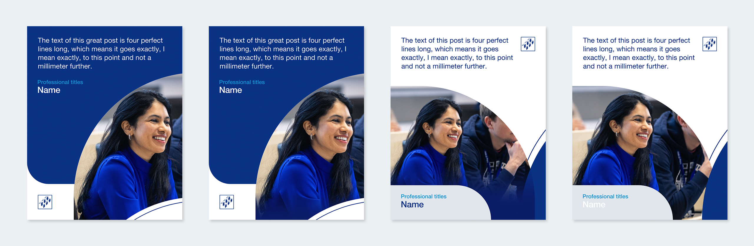 Four WHU social media post templates featuring the same speaker portrait in different blue design layouts with headline and text areas