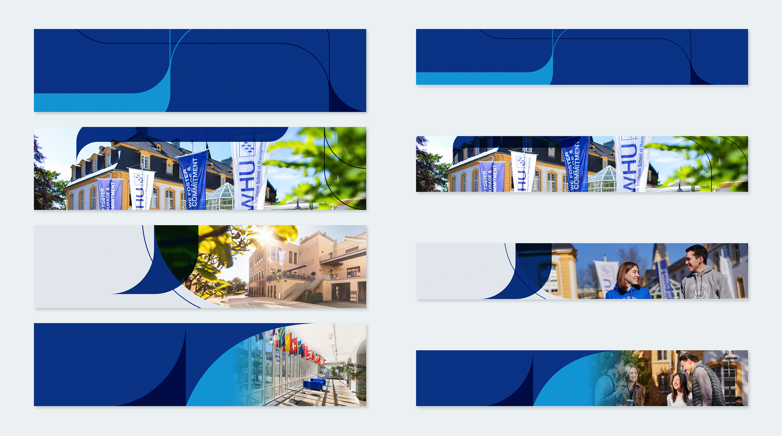 WHU header and banner designs displaying campus architecture, flags, and abstract brand shapes used for website and social media visuals