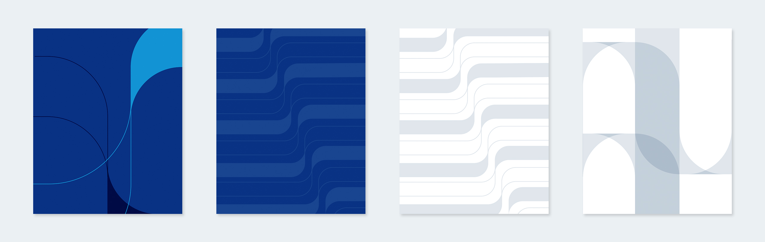 Four WHU abstract background graphics featuring curved lines and geometric shapes in blue and light gray variations.