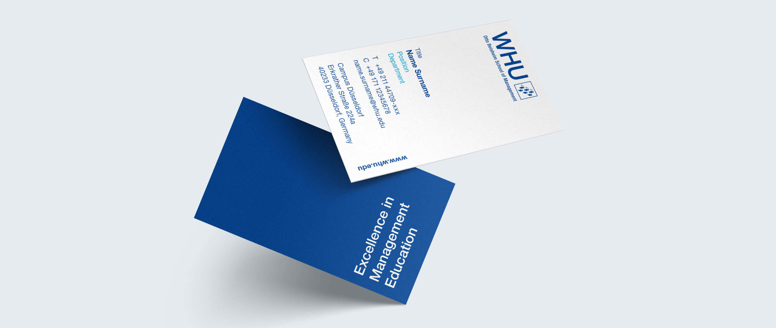 WHU business card design showing the front with contact information and the back with the Excellence in Management Education tagline.