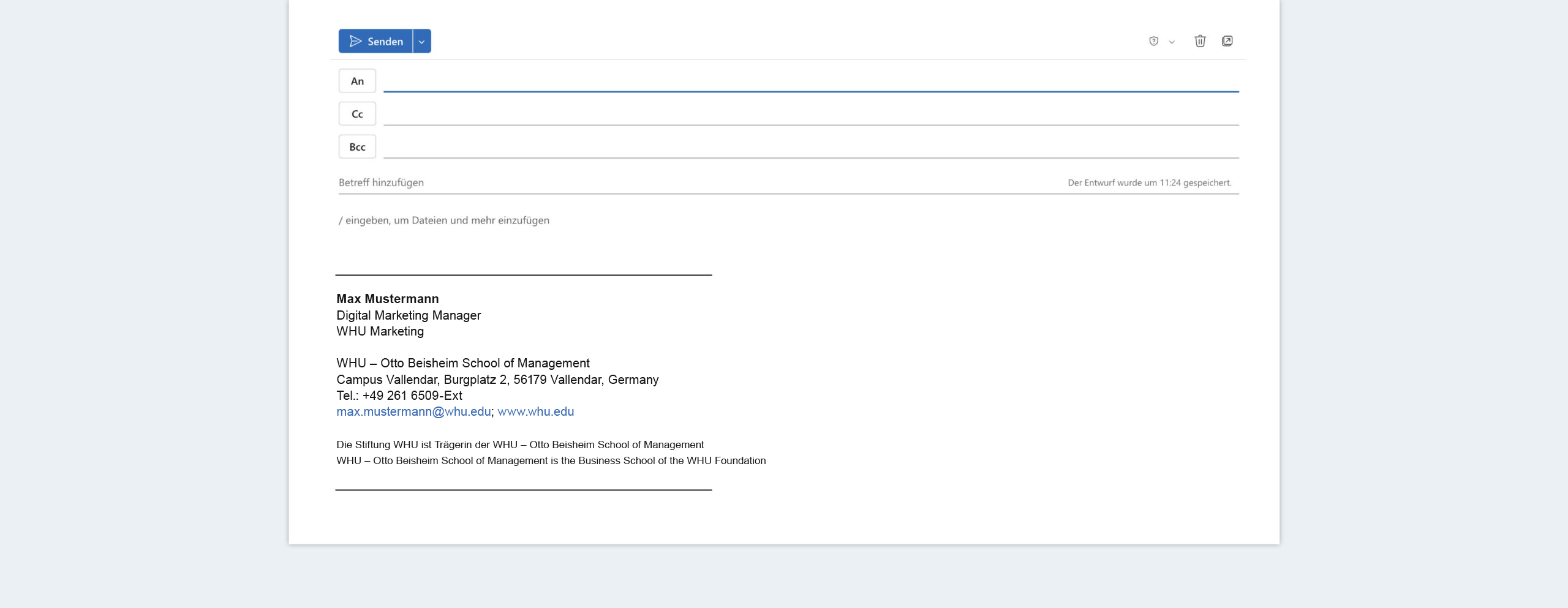 WHU email signature template displayed inside an email draft, showing name, position, contact details, and footer information.