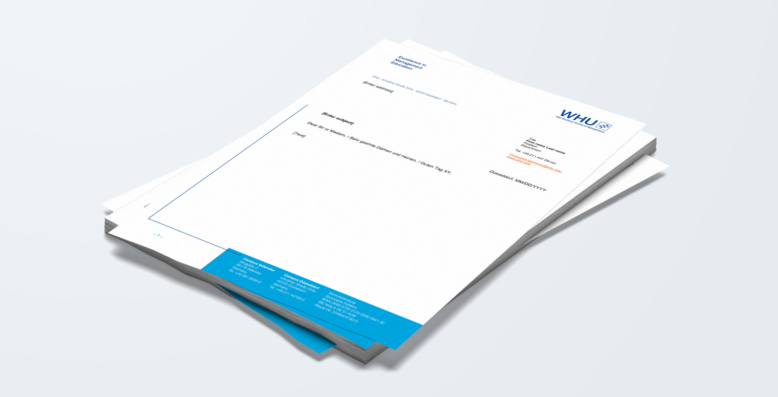 Mock-up of WHU letterhead sheets stacked on a light background, showing the official layout with logo and footer information