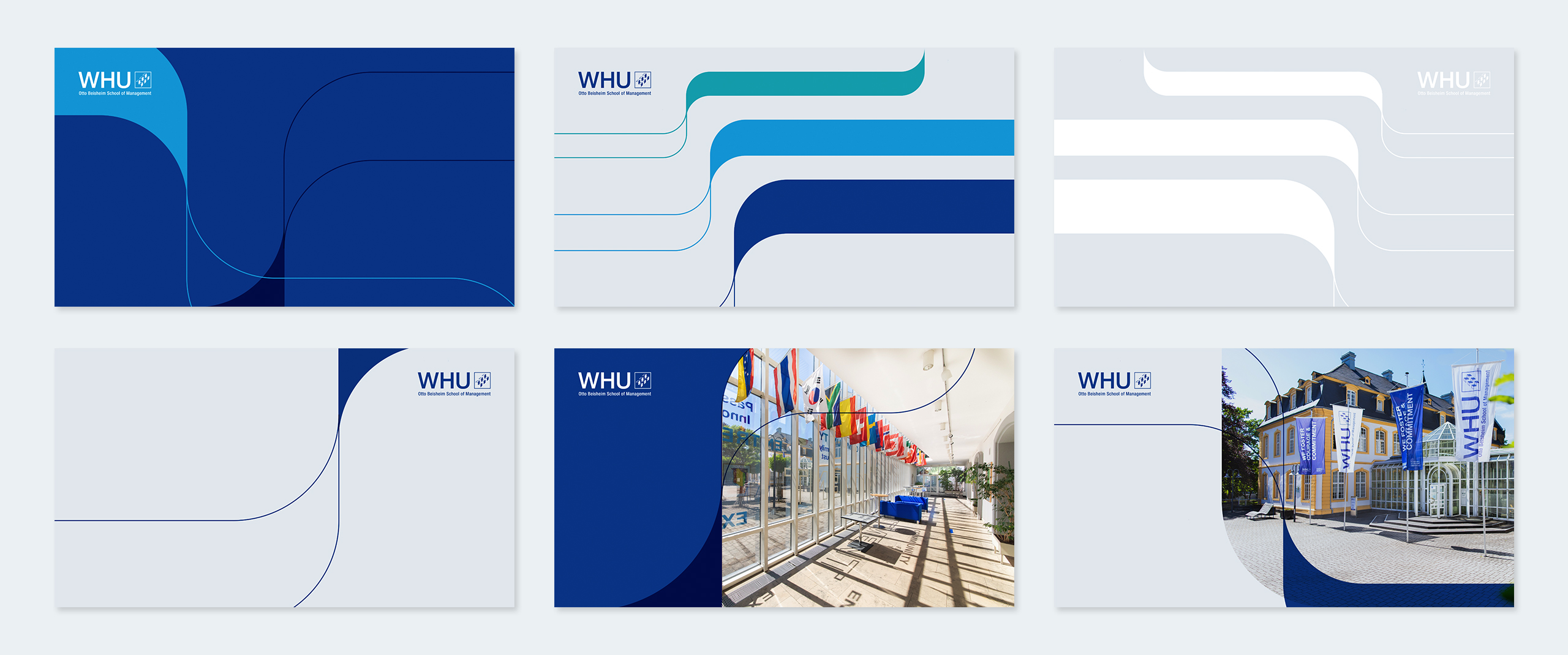 Six WHU presentation title slide templates featuring abstract curved line graphics and campus photography.