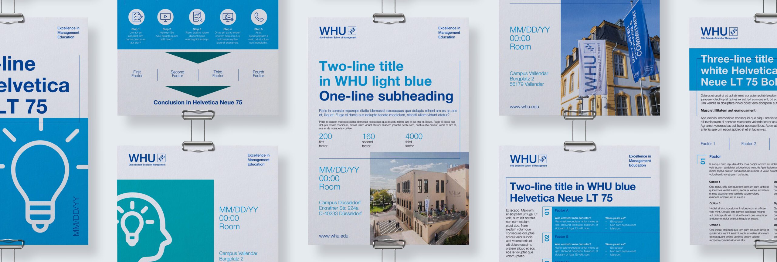 Collection of WHU event and information posters showing icons, titles, dates, and campus images in various layouts.
