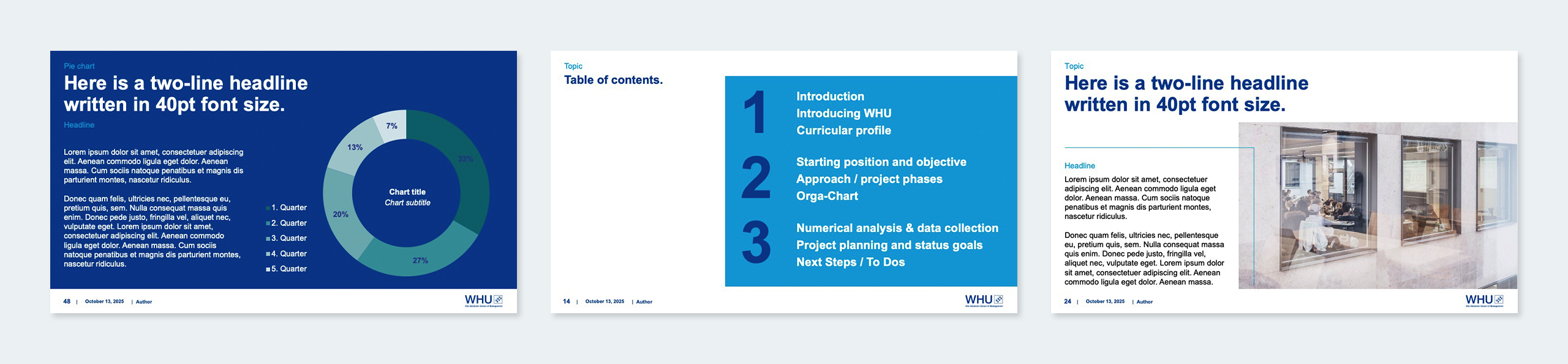 Three WHU presentation slide examples showing a pie chart layout, a table of contents, and a headline slide with an image.
