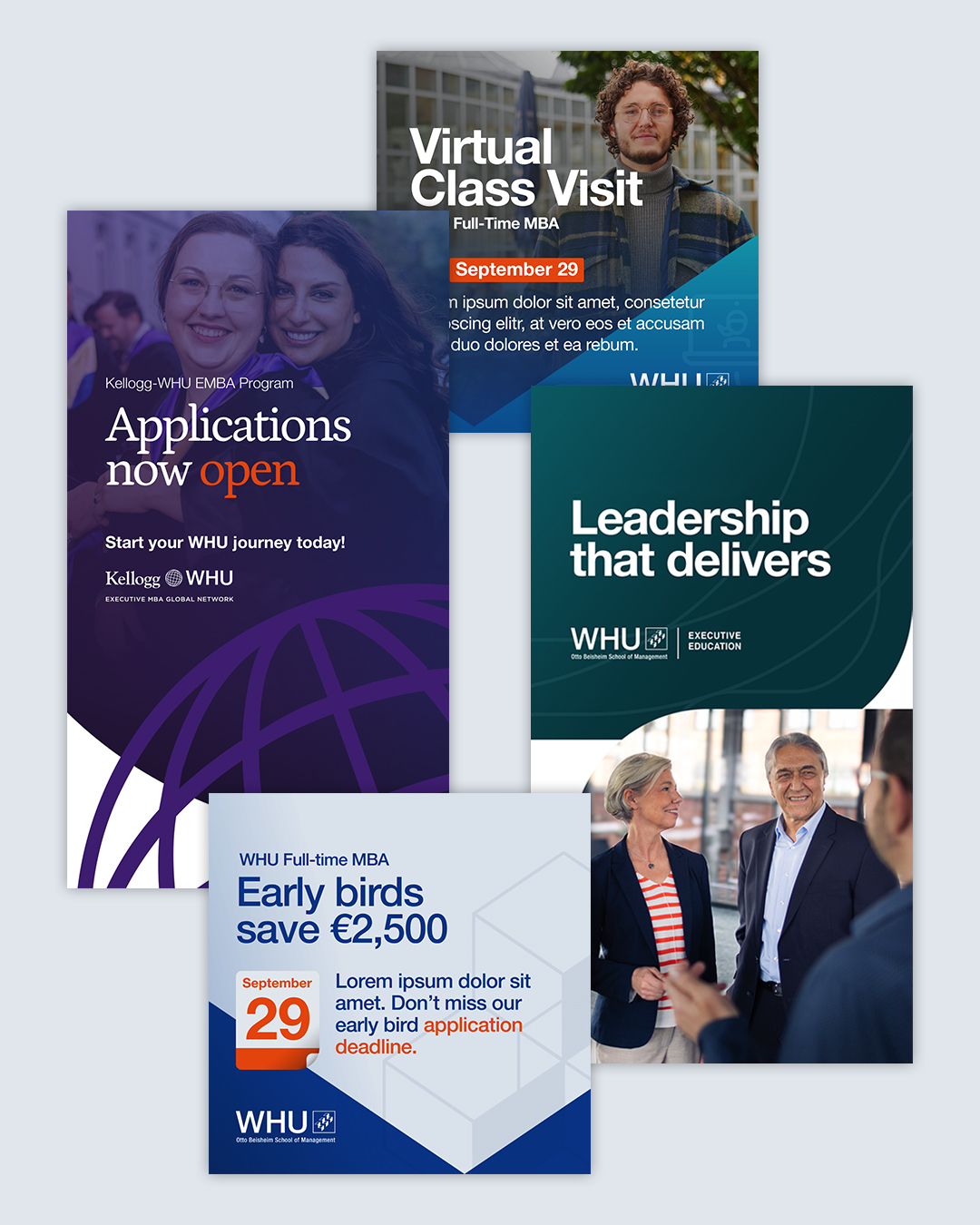 WHU marketing visuals promoting application deadlines, virtual class visits, leadership messaging, and program highlights with photography and branded layouts.