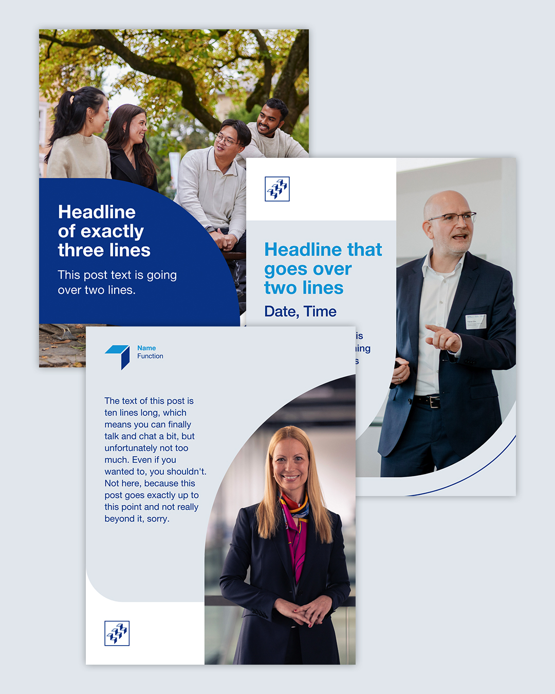 Collage of WHU social media post templates featuring campus photography, speakers, and curved blue design elements.