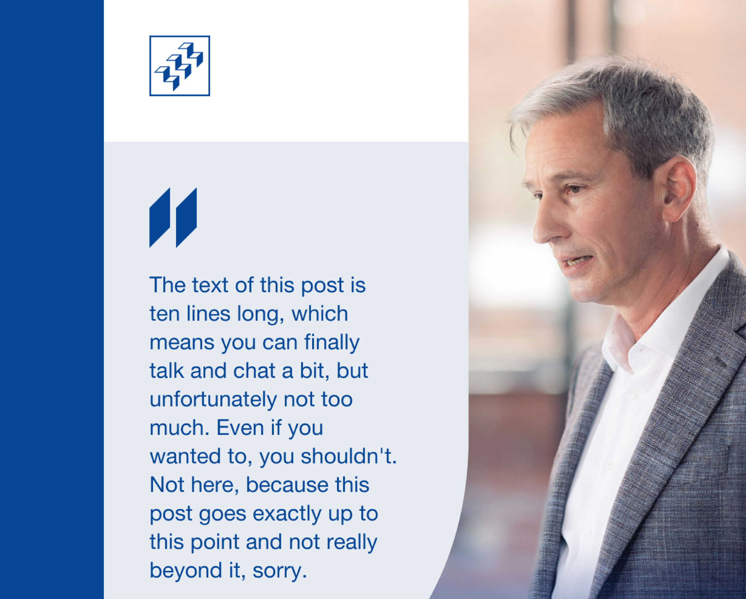 Social media template showing a quote layout on the left and a portrait of a speaker on the right, using WHU brand colors.