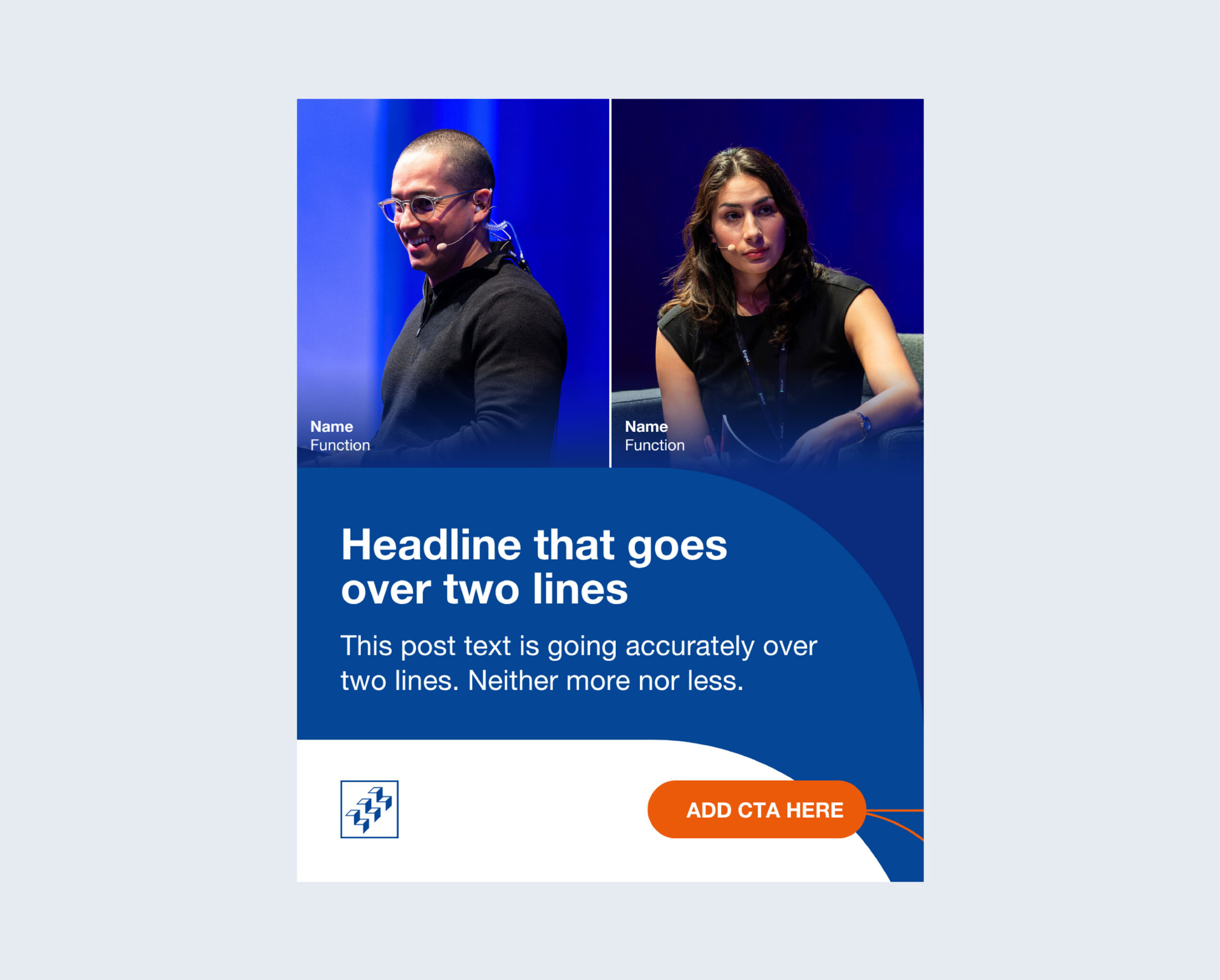 WHU social media template showing two speakers on stage, a headline and text section, and a call-to-action button.