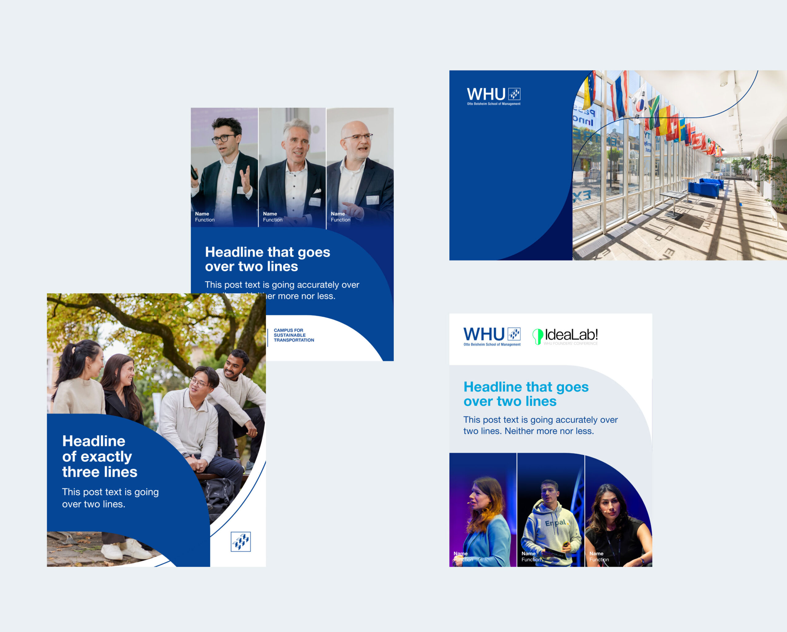 Collection of WHU social media post templates featuring event photos, campus photography, and headline layouts.