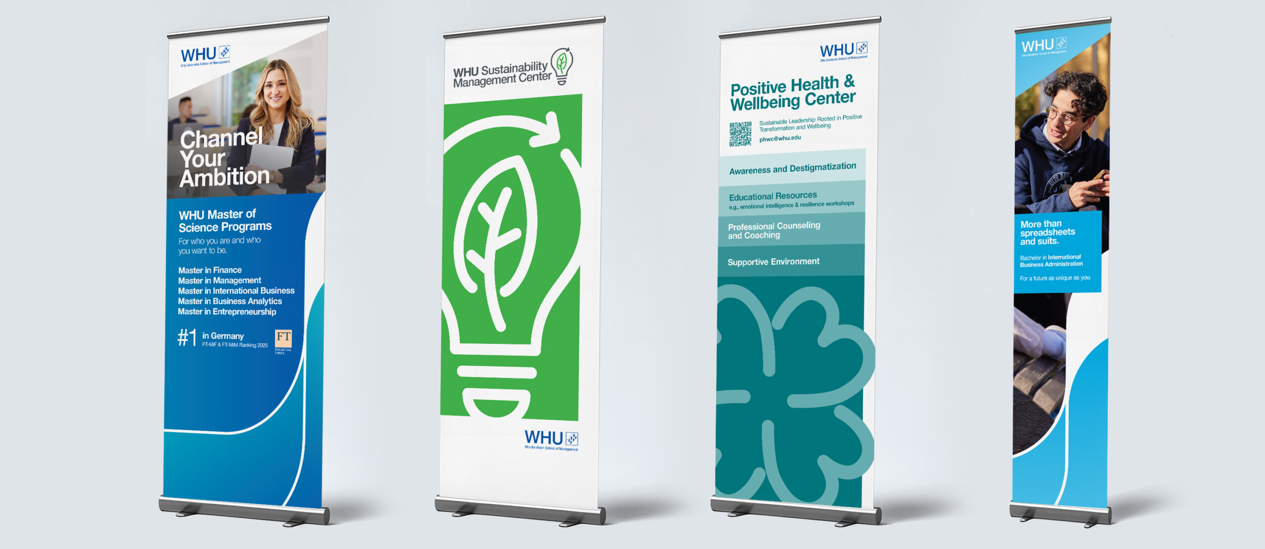 Four WHU roll-up banners: one promoting the WHU Master of Science programs, one for the WHU Sustainability Management Center, one for the Positive Health & Wellbeing Center, and one promoting the Bachelor in International Business Administration.