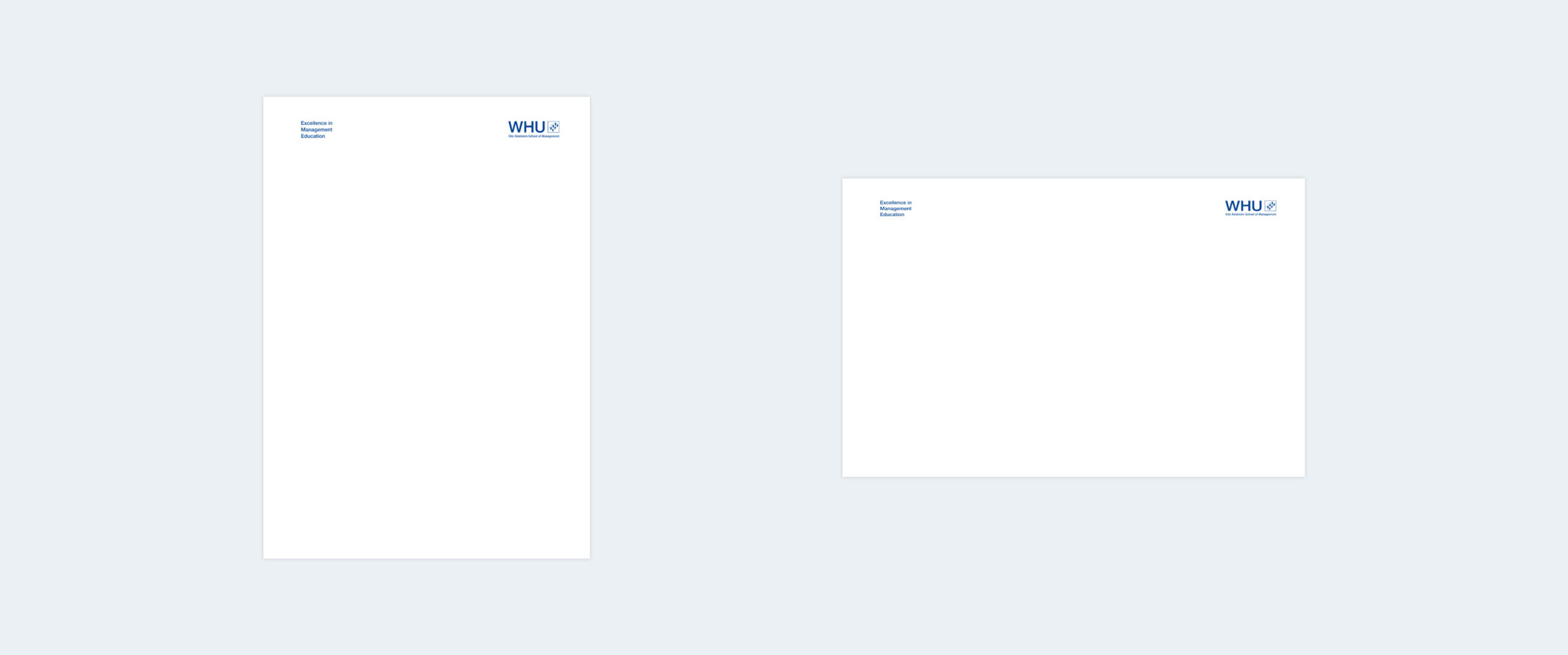 Two WHU letterhead templates in corporate design: one in portrait format and one in landscape format, each showing the logo and tagline in the header.